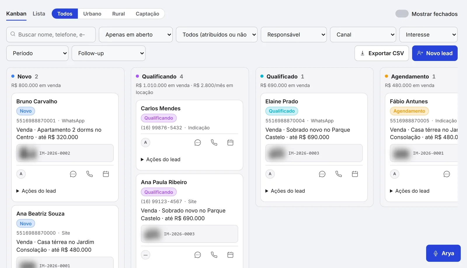 CRM em colunas: novo, qualificando, qualificado e agendamento, com filtros por responsável, canal e período.